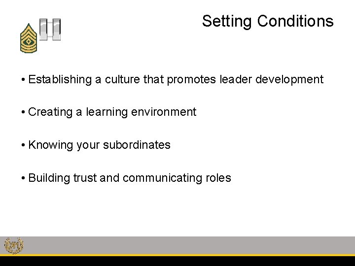 Setting Conditions • Establishing a culture that promotes leader development • Creating a learning