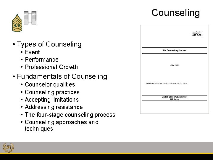 Counseling • Types of Counseling • Event • Performance • Professional Growth • Fundamentals