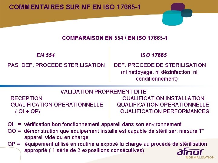 COMMENTAIRES SUR NF EN ISO 17665 -1 COMPARAISON EN 554 / EN ISO 17665 COMMENTAIRES SUR NF EN ISO 17665 -1 COMPARAISON EN 554 / EN ISO 17665