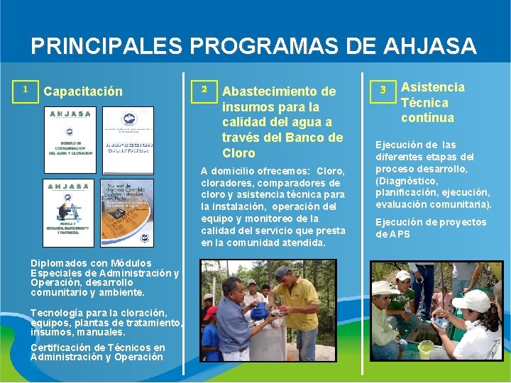PRINCIPALES PROGRAMAS DE AHJASA 1 Capacitación 2 Abastecimiento de insumos para la calidad del