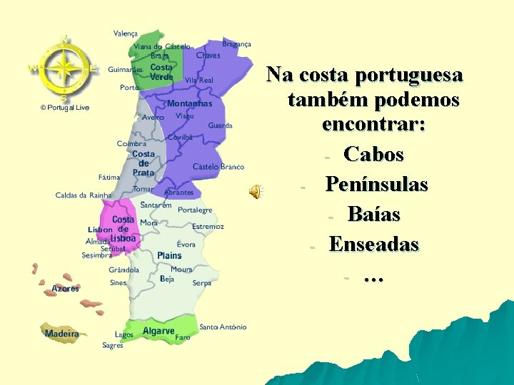 Na costa portuguesa também podemos encontrar: - Cabos - Penínsulas - Baías - Enseadas