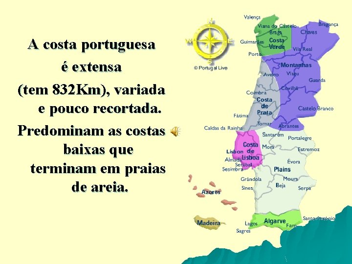 A costa portuguesa é extensa (tem 832 Km), variada e pouco recortada. Predominam as