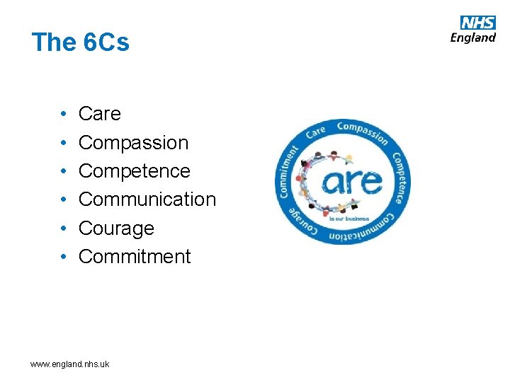 The 6 Cs • • • Care Compassion Competence Communication Courage Commitment www. england.