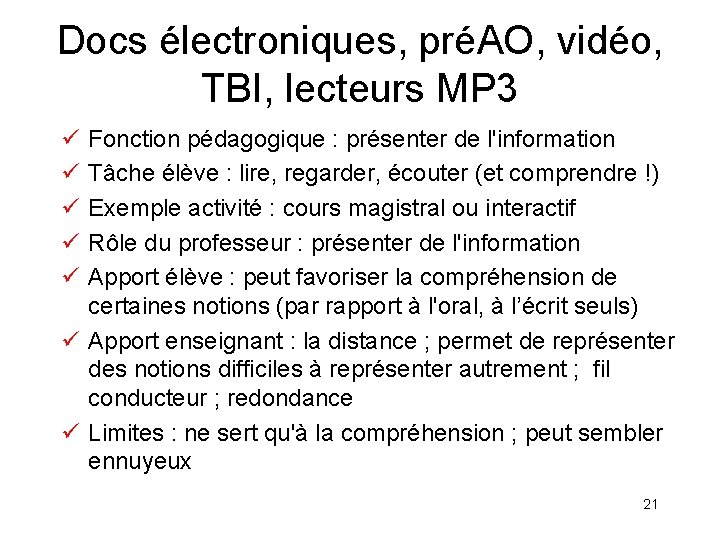 Docs électroniques, préAO, vidéo, TBI, lecteurs MP 3 ü ü ü Fonction pédagogique :