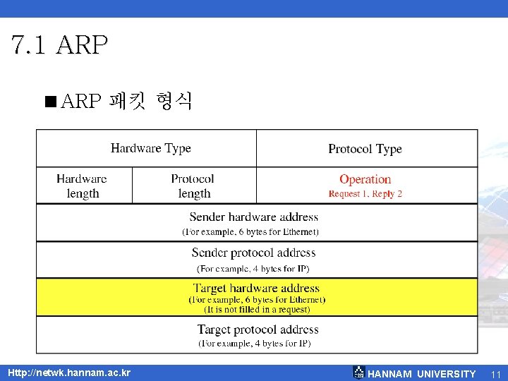 7. 1 ARP <ARP 패킷 형식 Http: //netwk. hannam. ac. kr HANNAM UNIVERSITY 11