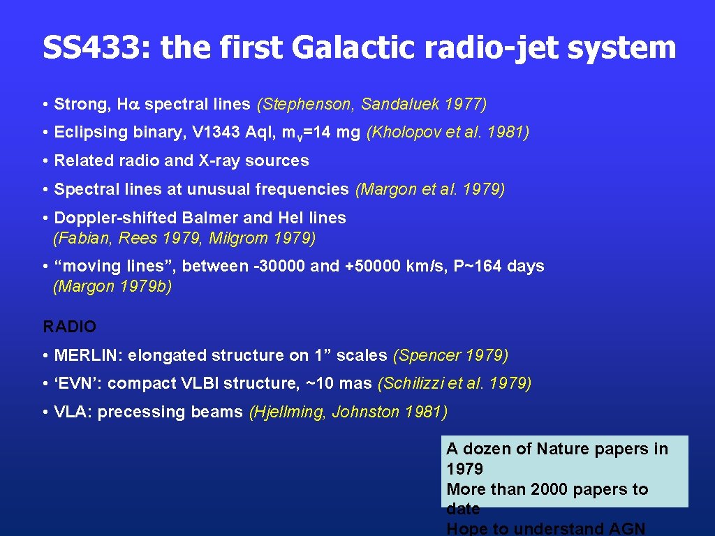 SS 433: the first Galactic radio-jet system • Strong, H spectral lines (Stephenson, Sandaluek