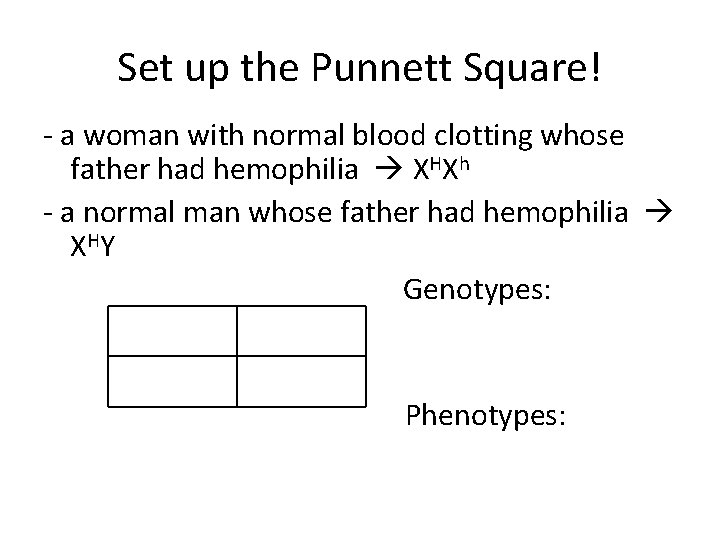 Set up the Punnett Square! - a woman with normal blood clotting whose father