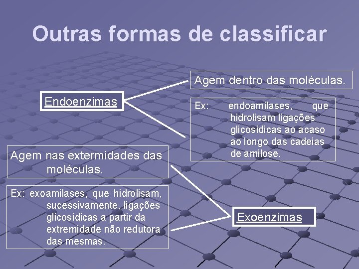 Outras formas de classificar Agem dentro das moléculas. Endoenzimas Agem nas extermidades das moléculas.