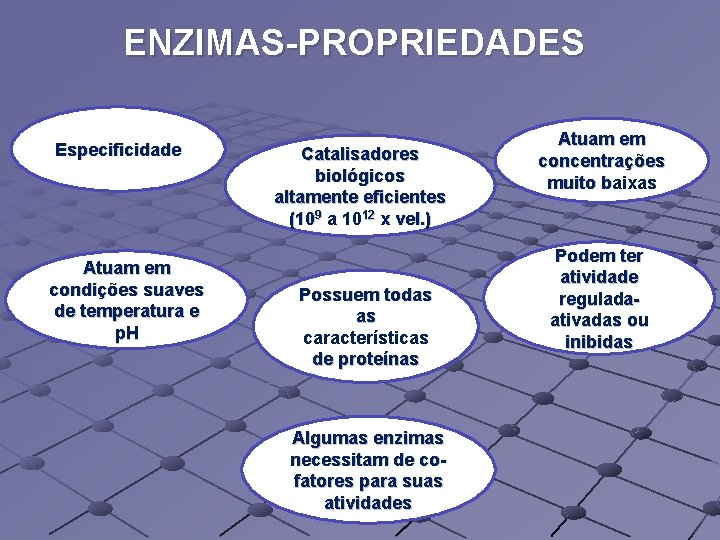 ENZIMAS-PROPRIEDADES Especificidade Atuam em condições suaves de temperatura e p. H Catalisadores biológicos altamente