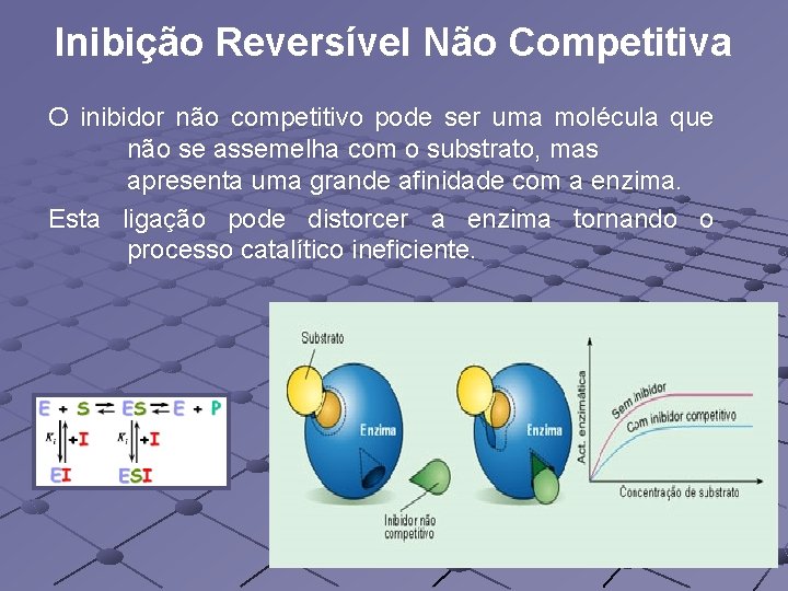 Inibição Reversível Não Competitiva O inibidor não competitivo pode ser uma molécula que não