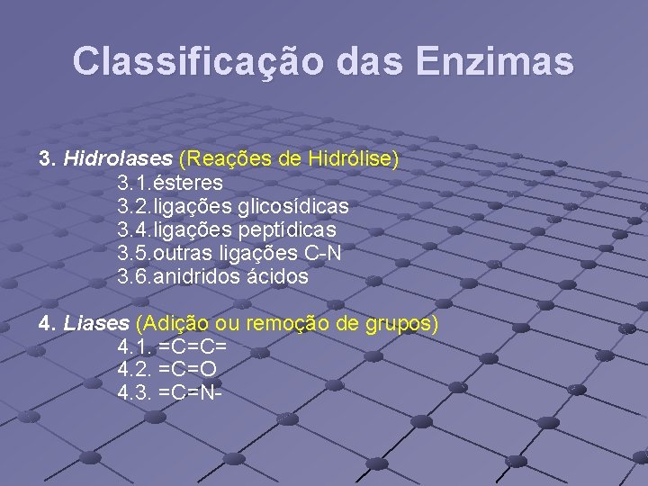 Classificação das Enzimas 3. Hidrolases (Reações de Hidrólise) 3. 1. ésteres 3. 2. ligações