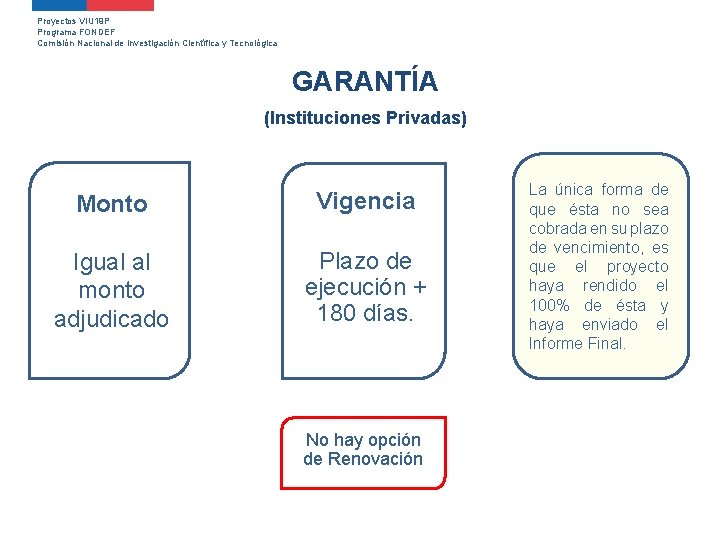 Proyectos VIU 19 P Programa FONDEF Comisión Nacional de Investigación Científica y Tecnológica GARANTÍA