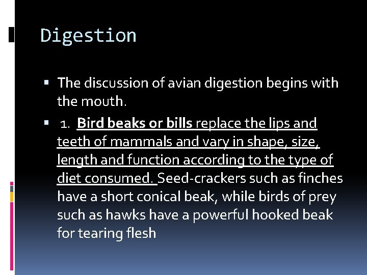 Digestion The discussion of avian digestion begins with the mouth. 1. Bird beaks or Digestion The discussion of avian digestion begins with the mouth. 1. Bird beaks or
