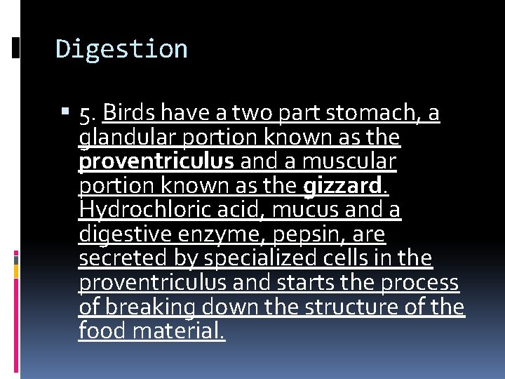 Digestion 5. Birds have a two part stomach, a glandular portion known as the Digestion 5. Birds have a two part stomach, a glandular portion known as the
