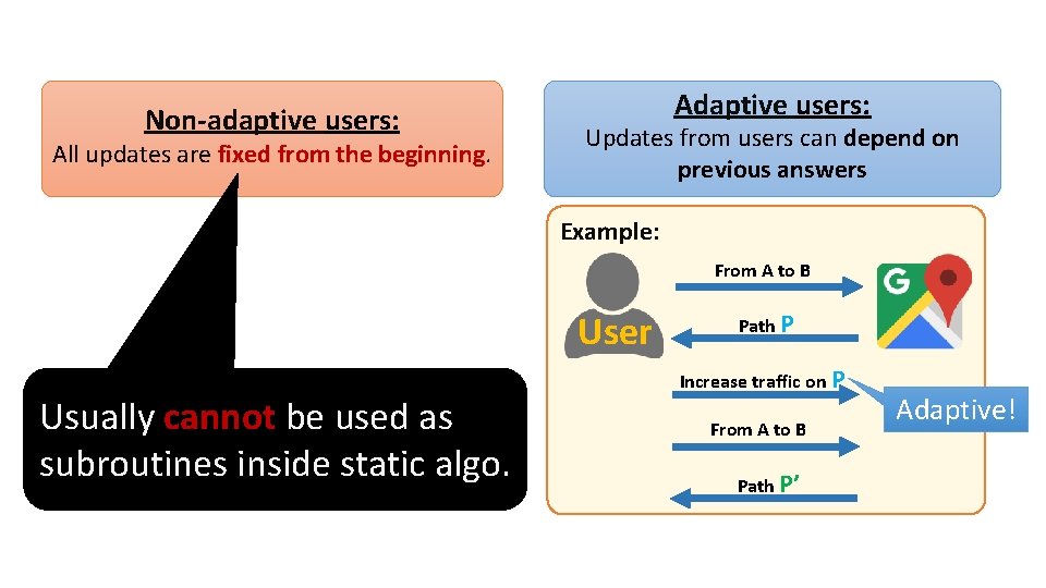 Non-adaptive users: All updates are fixed from the beginning. Adaptive users: Updates from users