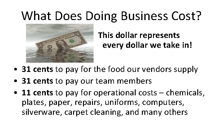 What Does Doing Business Cost? This dollar represents every dollar we take in! • What Does Doing Business Cost? This dollar represents every dollar we take in! •