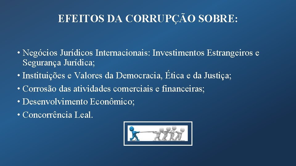EFEITOS DA CORRUPÇÃO SOBRE: • Negócios Jurídicos Internacionais: Investimentos Estrangeiros e Segurança Jurídica; •