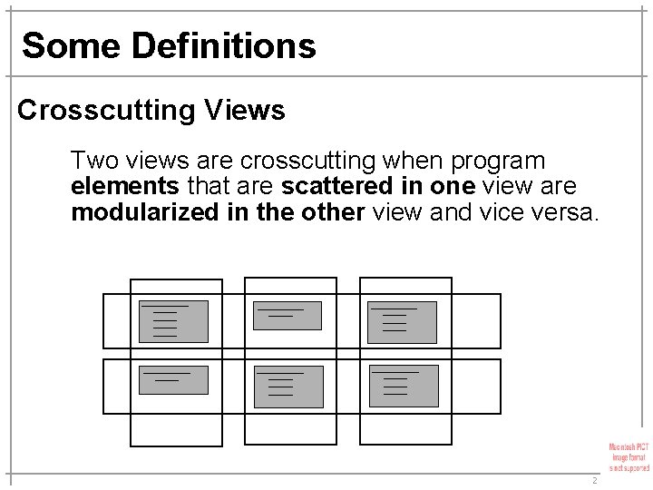Some Definitions Crosscutting Views Two views are crosscutting when program elements that are scattered