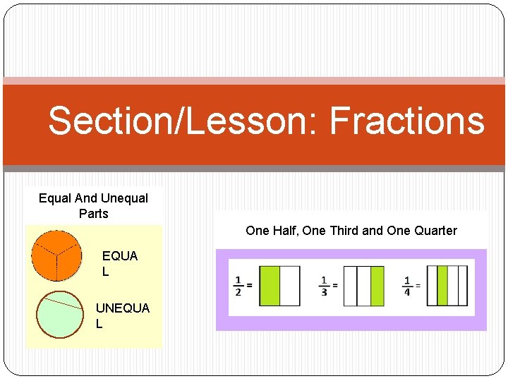 Section/Lesson: Fractions Equal And Unequal Parts One Half, One Third and One Quarter EQUA