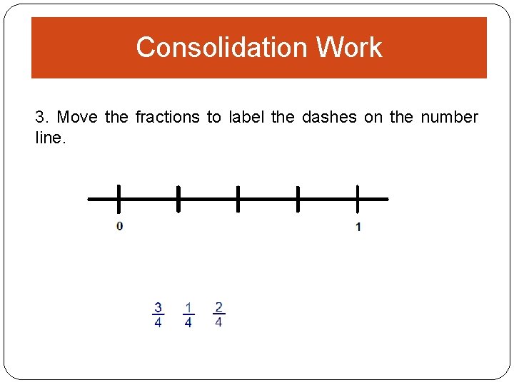 Consolidation Work 3. Move the fractions to label the dashes on the number line.