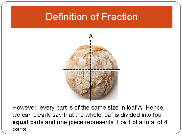 Definition of Fraction A However, every part is of the same size in loaf