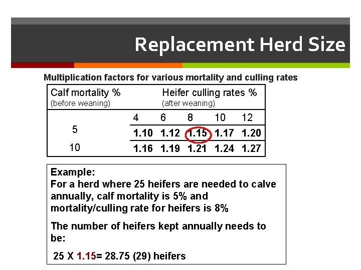 Replacement Herd Size Multiplication factors for various mortality and culling rates Calf mortality %