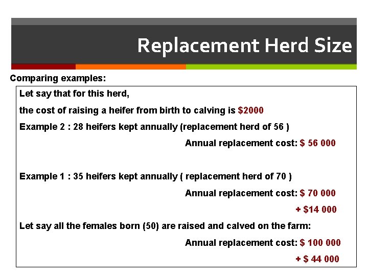 Replacement Herd Size Comparing examples: Let say that for this herd, the cost of