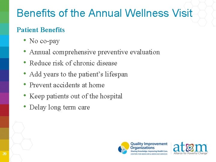 Benefits of the Annual Wellness Visit Patient Benefits • • 20 No co-pay Annual Benefits of the Annual Wellness Visit Patient Benefits • • 20 No co-pay Annual