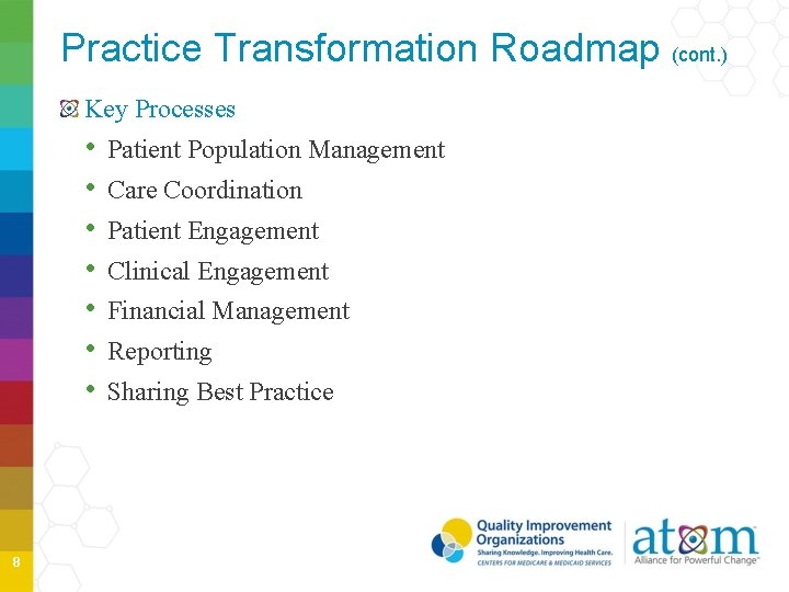 Practice Transformation Roadmap (cont. ) Key Processes • • 8 Patient Population Management Care Practice Transformation Roadmap (cont. ) Key Processes • • 8 Patient Population Management Care