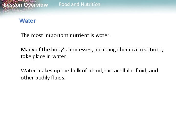 Lesson Overview Food and Nutrition Water The most important nutrient is water. Many of