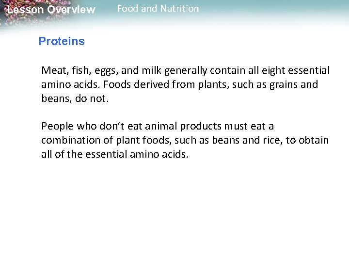 Lesson Overview Food and Nutrition Proteins Meat, fish, eggs, and milk generally contain all