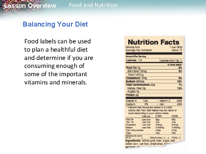 Lesson Overview Food and Nutrition Balancing Your Diet Food labels can be used to