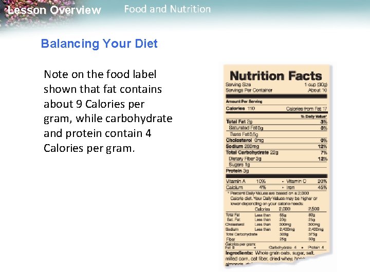 Lesson Overview Food and Nutrition Balancing Your Diet Note on the food label shown