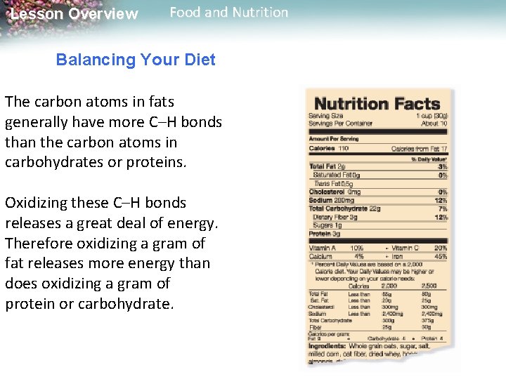 Lesson Overview Food and Nutrition Balancing Your Diet The carbon atoms in fats generally
