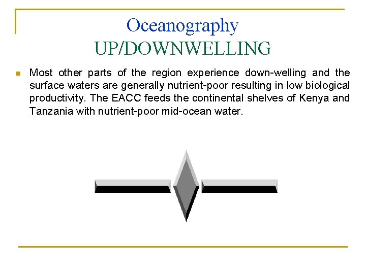 Oceanography UP/DOWNWELLING n Most other parts of the region experience down-welling and the surface
