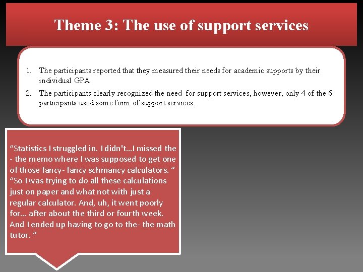 Theme 3: The use of support services 1. The participants reported that they measured