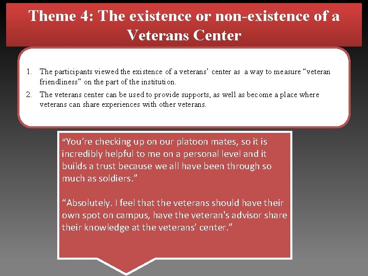 Theme 4: The existence or non-existence of a Veterans Center 1. The participants viewed