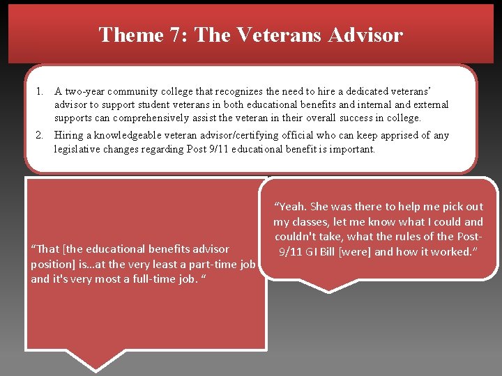 Theme 7: The Veterans Advisor 1. A two-year community college that recognizes the need