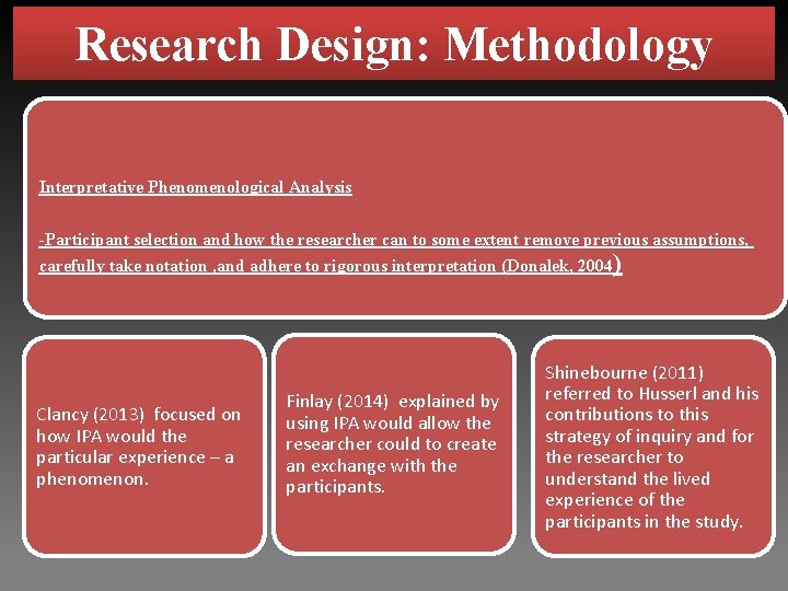 Research Design: Methodology Interpretative Phenomenological Analysis -Participant selection and how the researcher can to