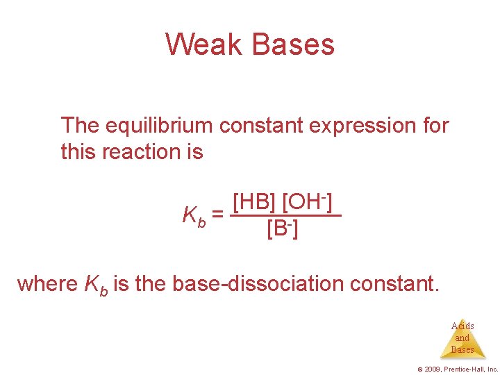 Weak Bases The equilibrium constant expression for this reaction is [HB] [OH-] Kb =