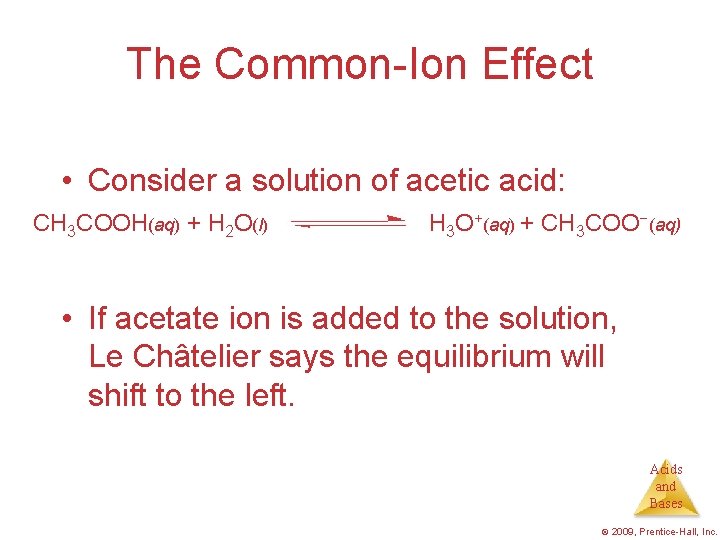 The Common-Ion Effect • Consider a solution of acetic acid: CH 3 COOH(aq) +