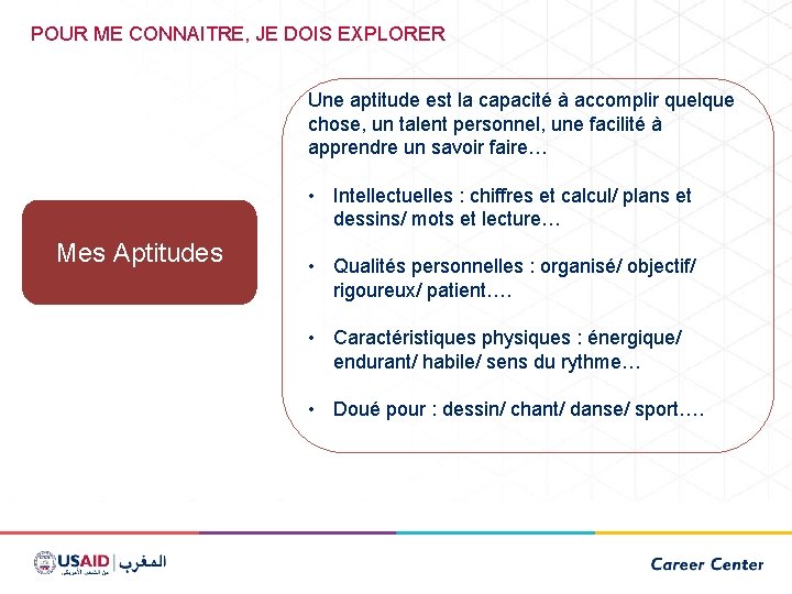 POUR ME CONNAITRE, JE DOIS EXPLORER Une aptitude est la capacité à accomplir quelque