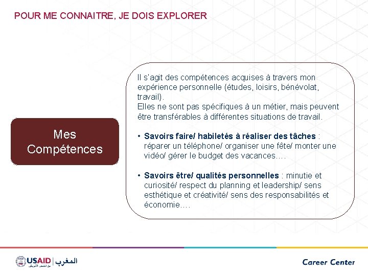 POUR ME CONNAITRE, JE DOIS EXPLORER Il s’agit des compétences acquises à travers mon