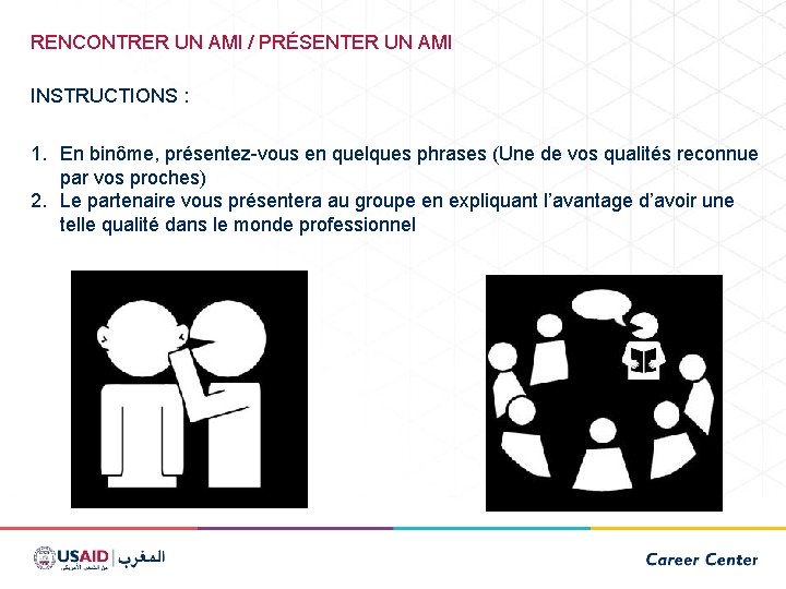 RENCONTRER UN AMI / PRÉSENTER UN AMI INSTRUCTIONS : 1. En binôme, présentez-vous en