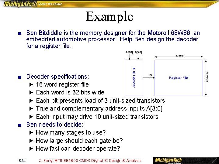 Example ■ Ben Bitdiddle is the memory designer for the Motoroil 68 W 86,