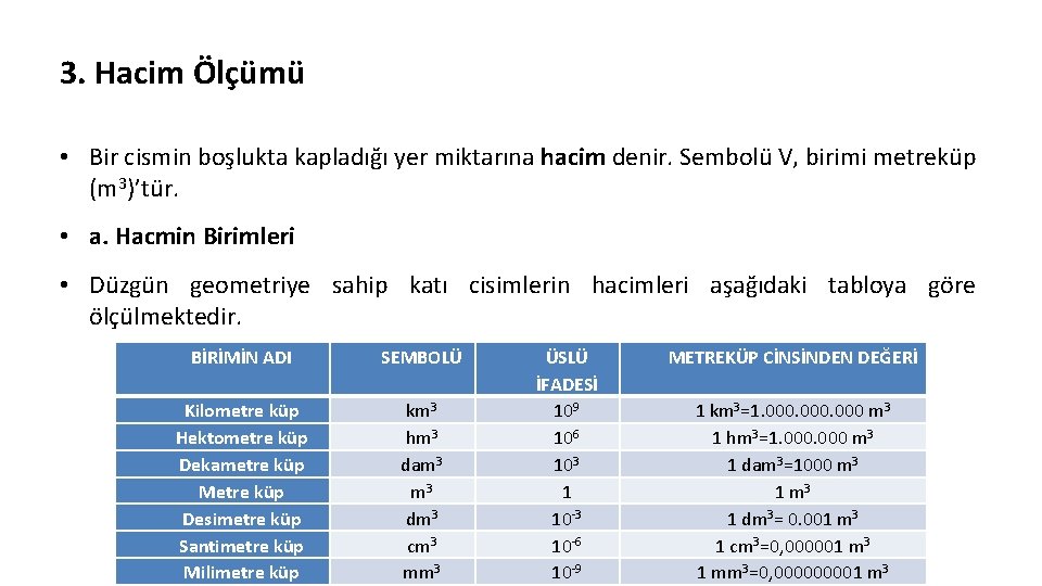 3. Hacim Ölçümü • Bir cismin boşlukta kapladığı yer miktarına hacim denir. Sembolü V,