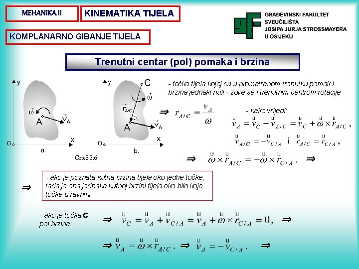 MEHANIKA II KINEMATIKA TIJELA KOMPLANARNO GIBANJE TIJELA Trenutni centar (pol) pomaka i brzina -