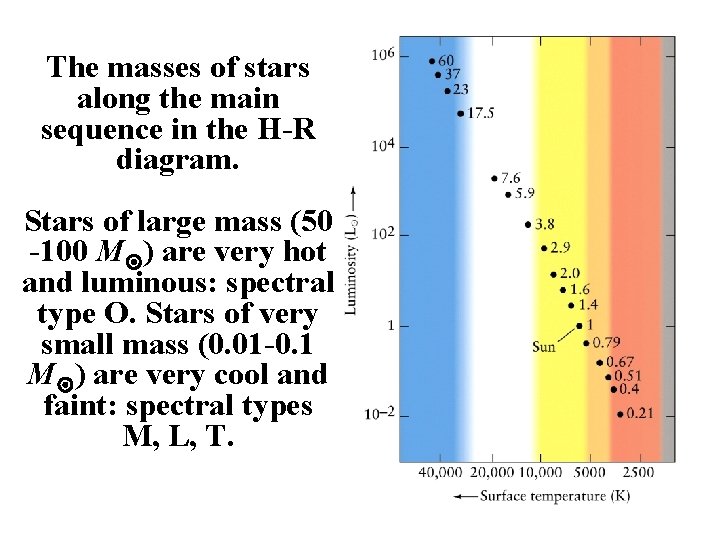 The masses of stars along the main sequence in the H-R diagram. Stars of