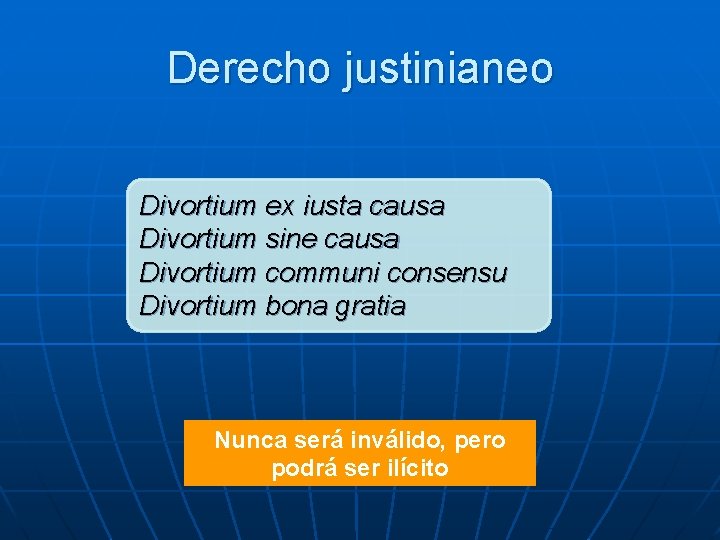 Derecho justinianeo Divortium ex iusta causa Divortium sine causa Divortium communi consensu Divortium bona