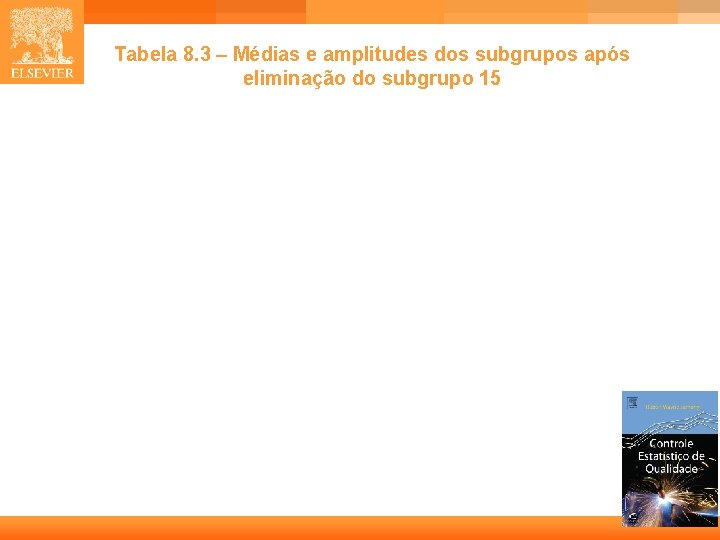 Tabela 8. 3 – Médias e amplitudes dos subgrupos após eliminação do subgrupo 15 Tabela 8. 3 – Médias e amplitudes dos subgrupos após eliminação do subgrupo 15